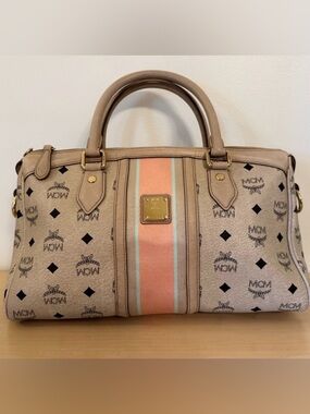 MCM Visetos Stripe Boston Satchel Bag  Beige Cream Pink Accent with Dust Bag